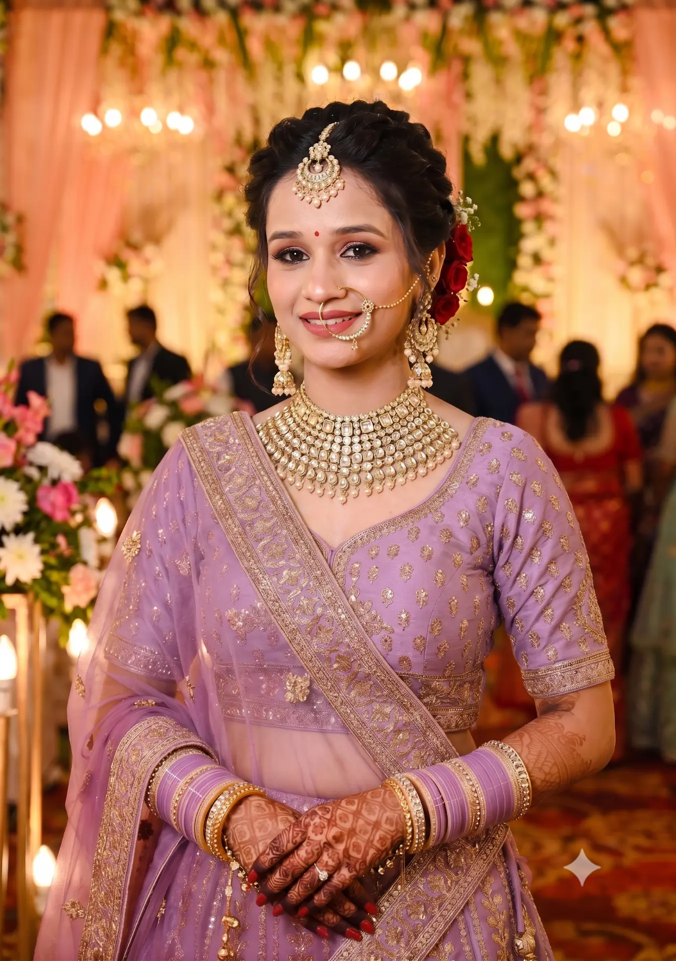 Omika Srivastava in a lavender bridal lehenga